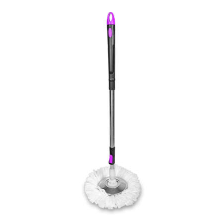 Full view of black and purple modern plastic and metal mop isolated on whiteの写真素材
