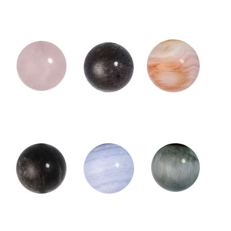 Round natural beads from semi-precious stones for advertising and design close-up on a white backgroundの写真素材