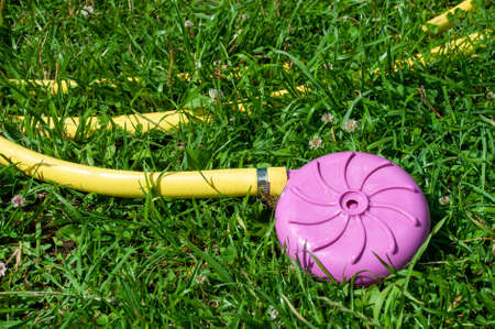 Yellow hose with sprinkler for watering plants. Drought and water conservation. Turned out without water on the grassの写真素材