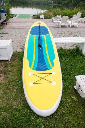A bright surfboard lies on the green grass. Surf gear after or before trainingの写真素材
