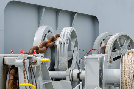 Anchor winch on a  forward of the vesselの写真素材