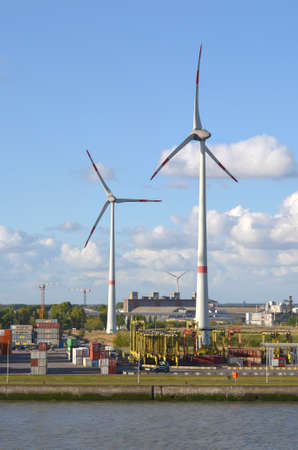 Antwerp, Belgium - April 26: Wind-driven power-station at the port of Antwerp on April 26, 2017 in...