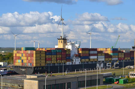 Antwerp, Belgium - April 26: Container ship in the largest lock Kieldrechtsluis in port of Antwerp...