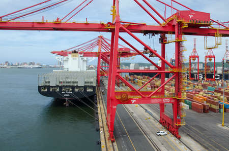 Durban, South Africa - February 04: Vessel on the berth of container terminal in port of Durban on February 04, 2016  in Durban, South Africa.のeditorial素材