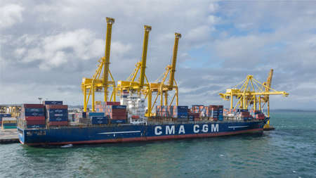 Sydney, Australia - November 29: Container vessel in port of Sydney on November 29, 2018 in Sydney,...