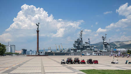 Novorossiysk, Russia - July 9: Forum plaza and navy ship in Novorossiysk on July 9, 2018 in Novorossiysk, Russia.のeditorial素材