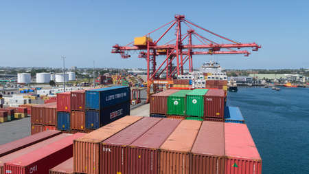 Sydney, Australia - January 08: Container terminal in port of Sydney on January 08, 2019 in Sydney, Australia.のeditorial素材