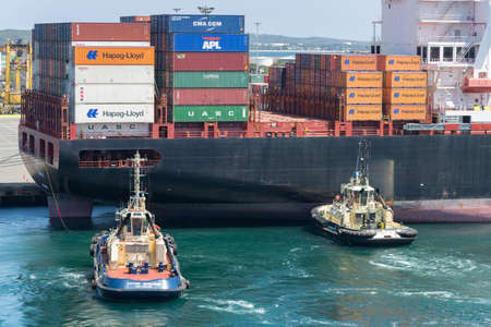 Sydney, Australia - January 08: Container vessel moor to the berth in port of Sydney on January 08, 2019 in Sydney, Australia.のeditorial素材
