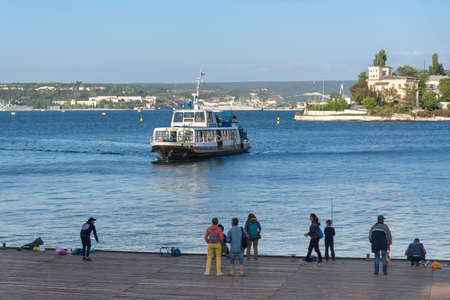 Sevastopol, Crimea - May 12: Ship come up to Admiral Nahimov quay on May 12, 2018 in Sevastopol, Crimea.のeditorial素材