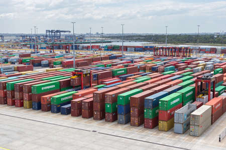 Sydney, Australia - November 27: Container terminal in port of Sydney on November 27, 2018 in...