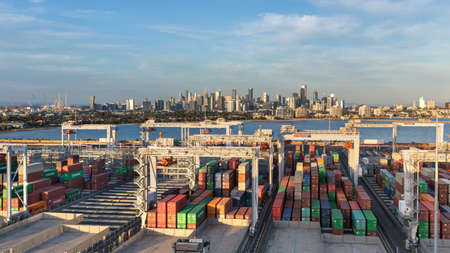 Melbourne, Australia - October 26: Victoria international container terminal against the background of Melbourne on October 26, 2018 in Melbourne, Australia.のeditorial素材
