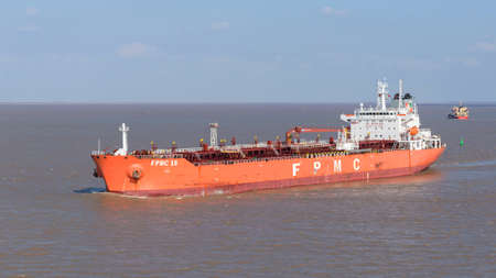 Shanghai, China - November 13: Tanker going along the coast on November 13, 2018 in Shanghai, China.のeditorial素材