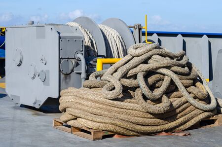 Winch with mooring line on deckの写真素材