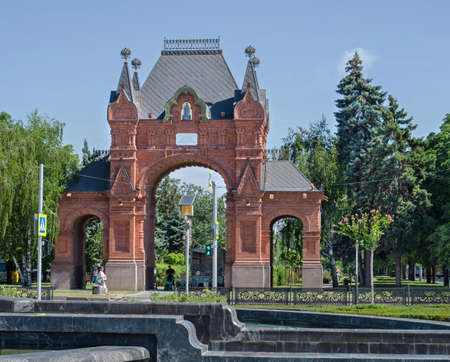 Krasnodar, Russia - July 04: Alexander Triumphal Arch at the Central  district of Krasnodar on July 04, 2016  in Krasnodar, Russia.のeditorial素材