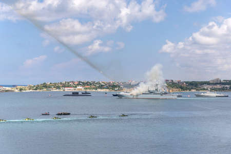 Sevastopol, Crimea - July 26: Dress rehearsal by day of navy on July 26, 2018  in Sevastopol, Crimea.のeditorial素材