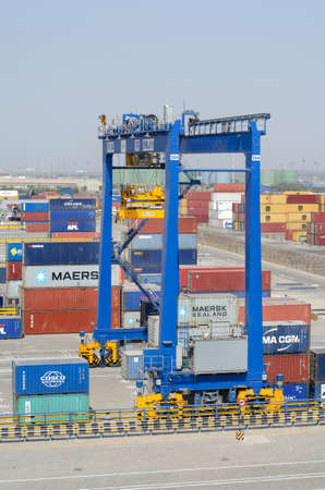 Mundra, India - February 04: Cargo crane of the container terminal in port of Mundra on February 04, 2018 in Mundra, India.のeditorial素材