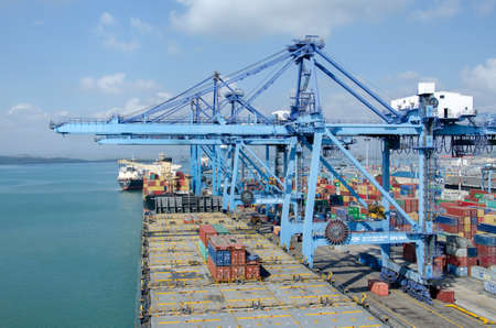 Mombasa, Kenya - February 23: Container terminal with mooring vessel in the Mombasa on February 23, 2018 in Mombasa, Kenya.のeditorial素材