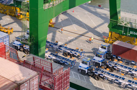 Nhava Sheva, India - March 09: Container vessel on the berth in port of Nhava Sheva on March 09, 2018 in Nhava Sheva, India.のeditorial素材