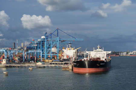 Mombasa, Kenya - March 25: Container and tanker vessels in port of Mombasa on March 25, 2018 in Mombasa, Kenya.のeditorial素材