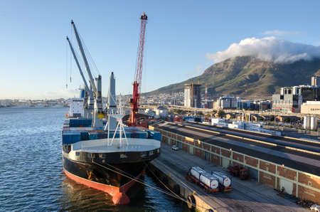 Cape Town, Republic of South Africa - April 10: Container terminal and city landscape in port of Cape Town on April 10, 2018 in Cape Town, Republic of South Africa.のeditorial素材