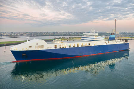 Melbourne, Australia - July 5: Cargo vessel in port of Melbourne on July 5, 2019 in Melbourne, Australia.のeditorial素材