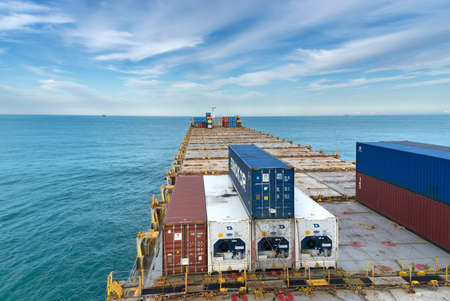 Pusan, South Korea - September 24: Container vessel anchored in Pusan on September 24, 2019  in Pusan, South Korea.のeditorial素材