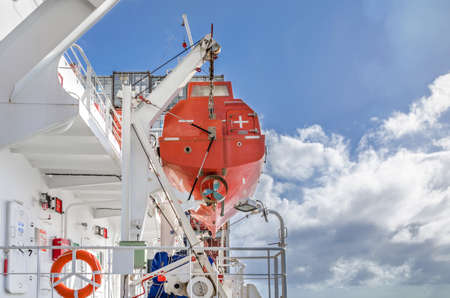 mv Express Vancouver - August 30: Lifeboat on the port side of the ship on August 30, 2014 in mv Express Vancouver.のeditorial素材