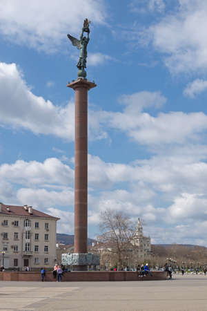 Novorossiysk, Russia - March 25: Stele at the Phorumnaya square in Novorossiysk on March 25, 2019 in Novorossiysk, Russia.のeditorial素材