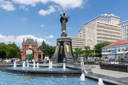 Krasnodar, Russia - June 01: Alexander Triumphal Arch and Saint Catherine Bell at the Central district of Krasnodar on June 01, 2021 in Krasnodar, Russia.のeditorial素材