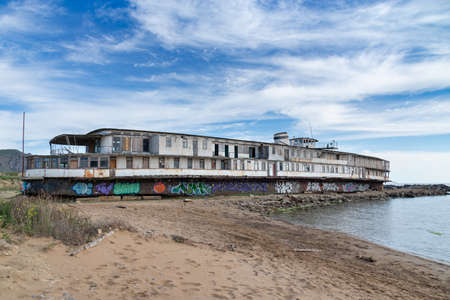 Sudak, Crimea - May 05: Old river ship "Prince Bagration" located at Cape Meganom on May 05, 2021 in Sudak, Crimea.のeditorial素材