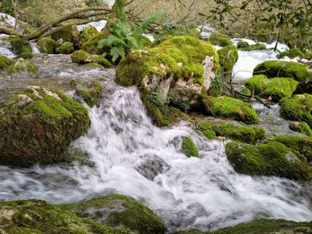 Birth of the Cadagua River in the North of Burgos. High course of the river, fast movement of the watersの写真素材