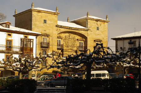 Sunset light illuminates the Palace of the Marquises of Chiloeches in Espinosa de los Monteros, Spainのeditorial素材