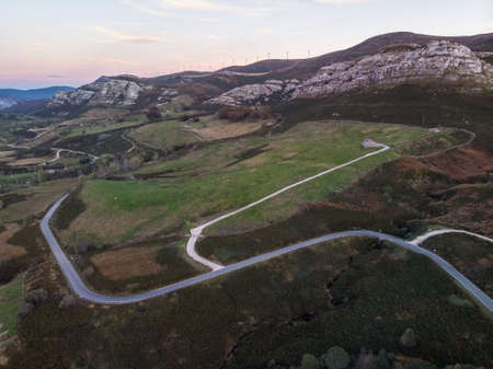 The Pasiego people live in the municipality of Espinosa de los Monteros, Spain. Its origins go back to the history of Espinosa. Aerial view from a drone of the mountain landscape in autumn.の写真素材