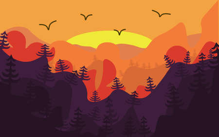 Sunrise in mountains. On a forward slan the wood and birds. A simple vector illustration with bright paints.のイラスト素材