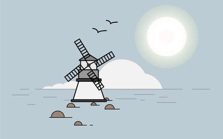 Windmill in the sea. A vector illustration of a landscape with a mill.のイラスト素材