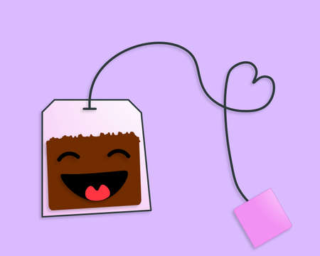Cheerful tea bag. An amusing vector illustration on a lilac background.のイラスト素材