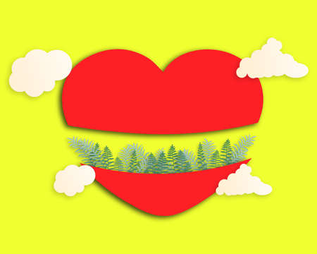 Heart with plants inside, bright vector illustration. Heart on a yellow background with clouds.のイラスト素材