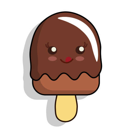 Chocolate ice cream on a stick. Ice cream with a cheerful mug vector illustration isolated on a white background.のイラスト素材
