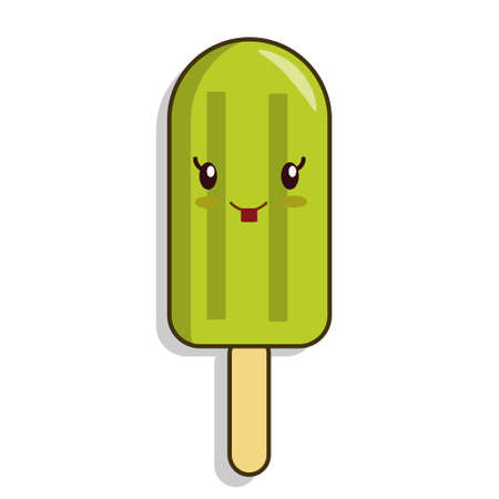 Green ice cream on a stick. Ice cream with a cheerful mug vector illustration isolated on a white background.のイラスト素材