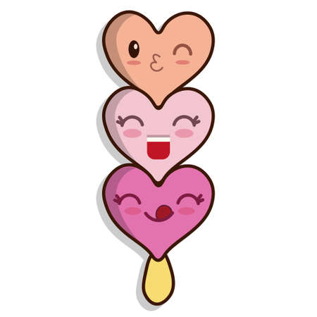 Ice cream hearts on a stick. Ice cream with a cheerful mug. Vector illustration. Isolated on a white background.のイラスト素材