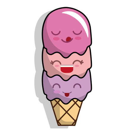 Ice cream in a wafer cone. Ice cream with a cheerful mug. Vector illustration. Isolated on a white background.のイラスト素材