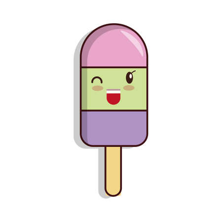 Bright ice cream on a stick. Ice cream with a cheerful mug. Vector illustration. Isolated on a white background.のイラスト素材