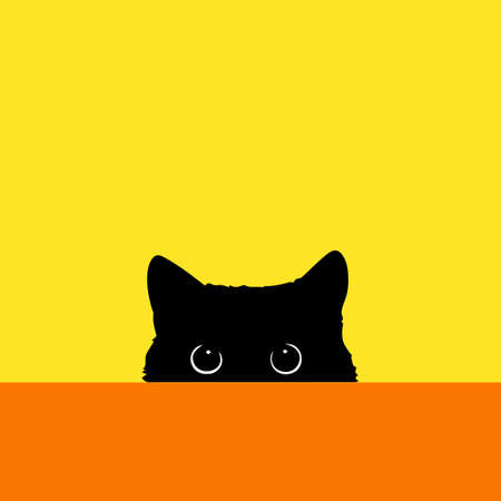The black cat looks out because of a table. Color vector illustration.のイラスト素材
