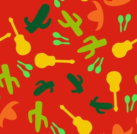 Bright Mexican pattern. Vector illustration. Multi colored sombreros, cactuses, a guitar and maracases on a red background.のイラスト素材