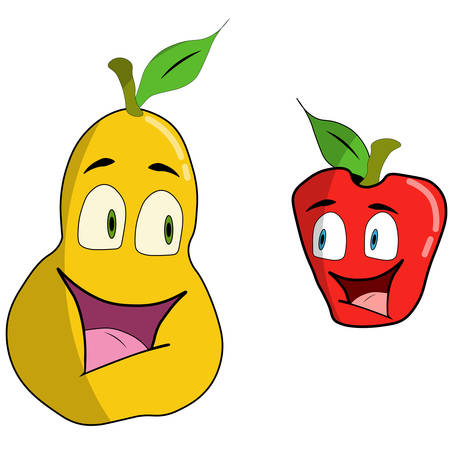 Cartoon apple and pear. Vector illustration. The anthropomorphous person at fruit. Isolated on a white background.のイラスト素材
