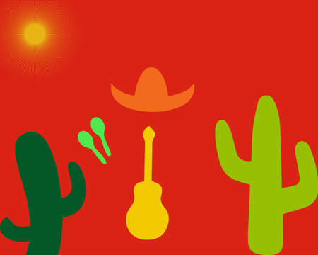 Set from a guitar, maracases, cactuses and sombreros on a orange background. Vector illustration. Mexicoのイラスト素材