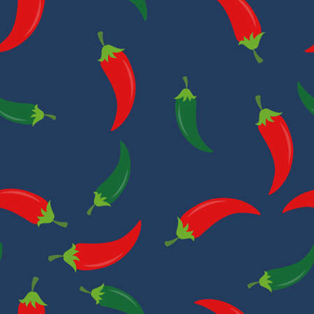 Red and green chili peppers pattern seamless. Vector illustration. Food wallpapers from vegetables. Dark blue background.のイラスト素材