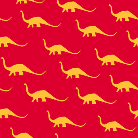 Dinosaur brachiosaurus silhouette pattern seamless.  illustration. Orange dinosaurs on red background.の写真素材