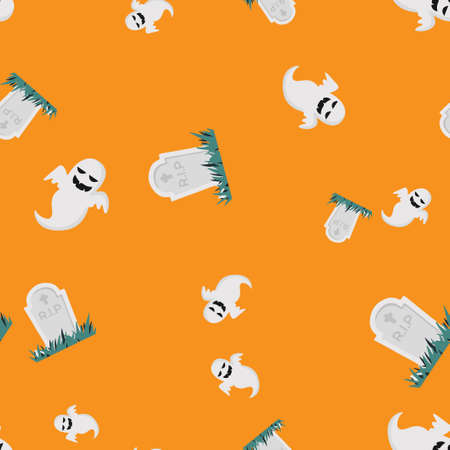 Ghost grave Halloween pattern seamless. Vector illustration. Orange background. All Saints Eve.のイラスト素材
