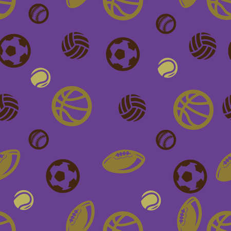 Ball pattern seamless. Basketball, football, volleyball, tennis, baseball, rugby. Vector illustration. Purple backgroundのイラスト素材